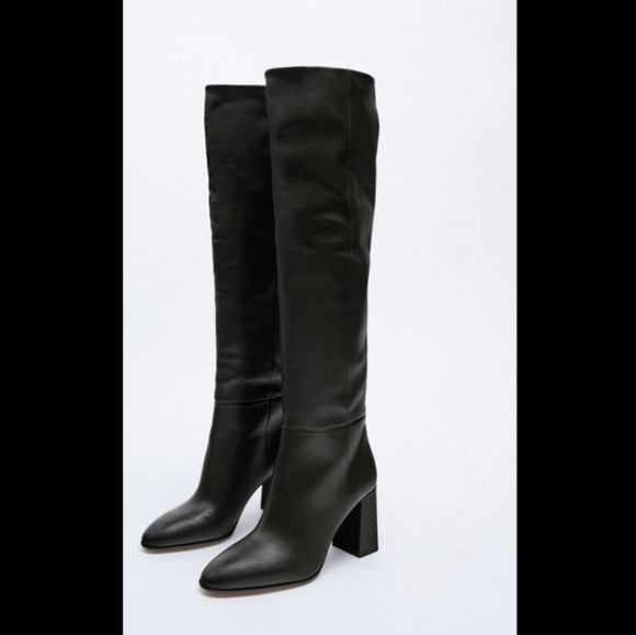 Zara heeled leather knee high boots black NWT - Picture 4 of 15